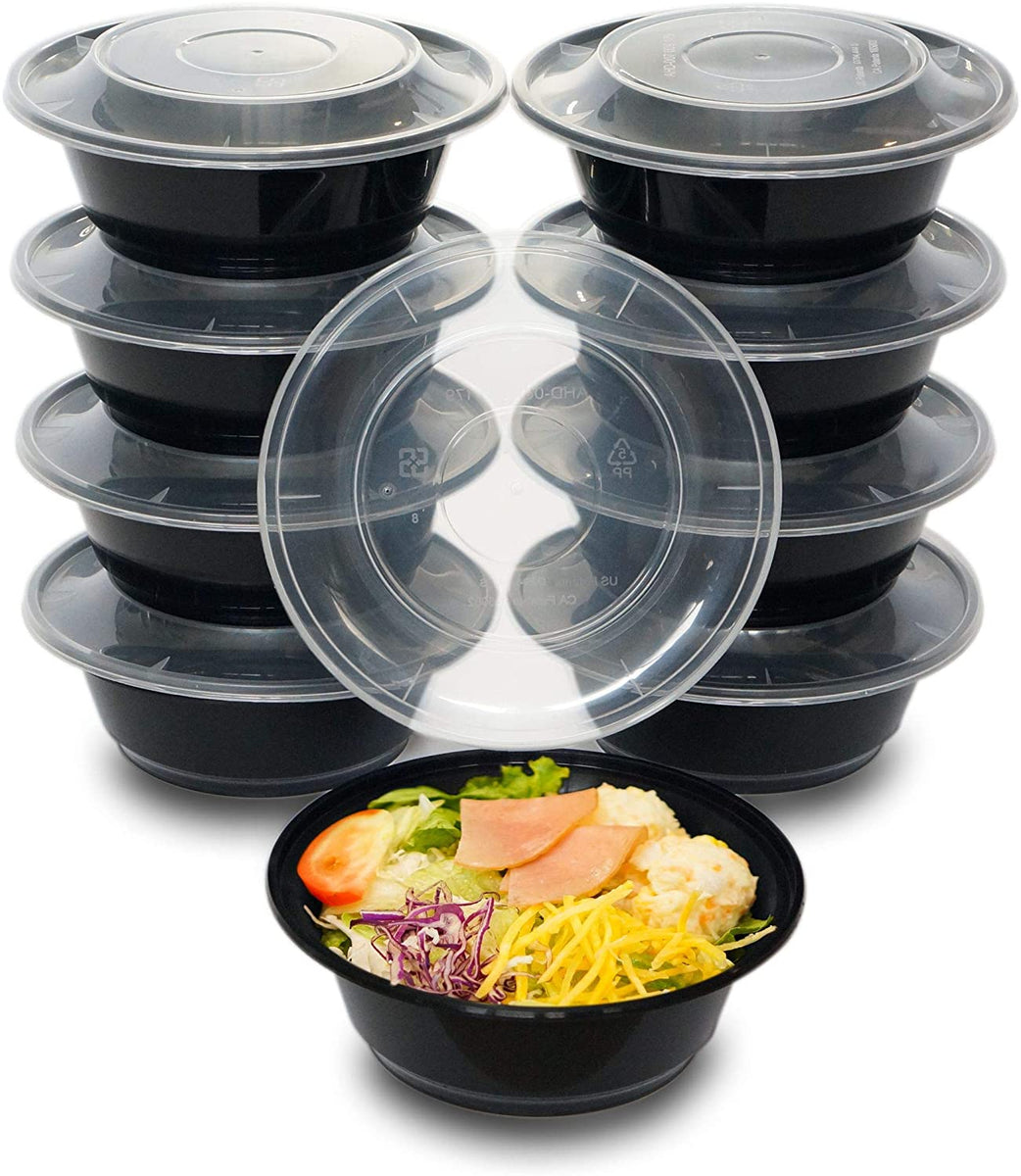 50 Pack] 40 oz Black Meal Prep Containers Round Bowls with Lids