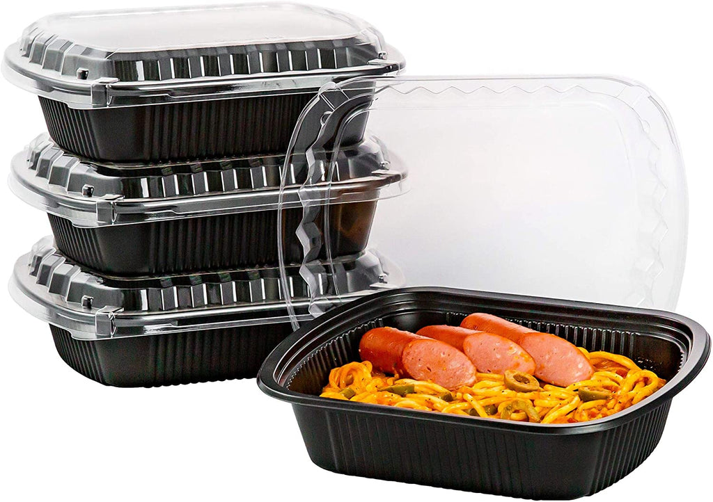 [50 Count] 16 oz Black Plastic Meal Prep Containers with Lids - Round Food Storage Container Microwave Safe - BPA-Free, Stackable, Reusable